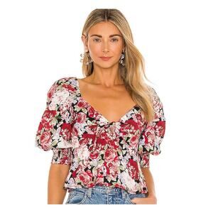 MINKPINK Kind Words Large Multi Red Rose Floral Romantic Crop Puff Sleeve Blouse